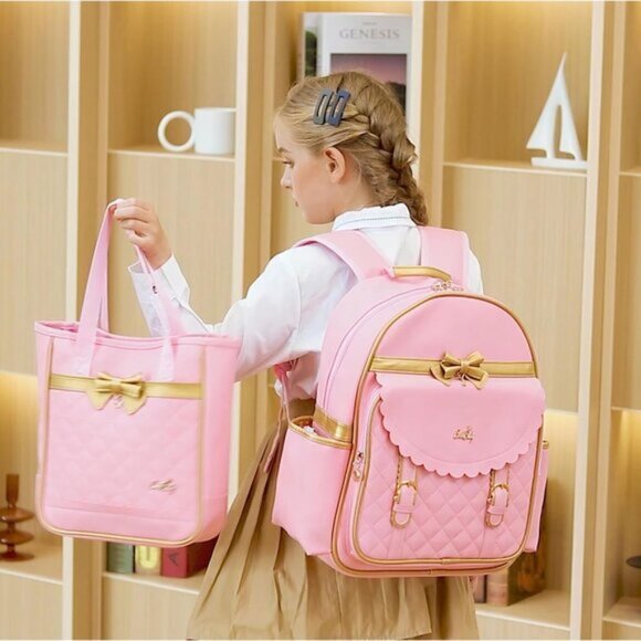 New 2 Pcs Princess Waterproof PU Leather Pink Backpack Tote bag for Girls main image 7